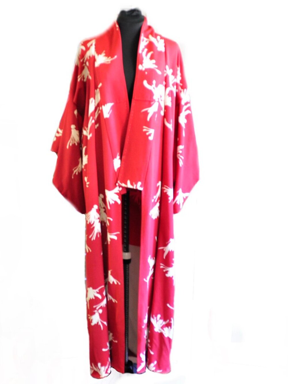 Vtg Red White Kimono Japanese 56 In Long Elegant Womens Robe Dressing Gown